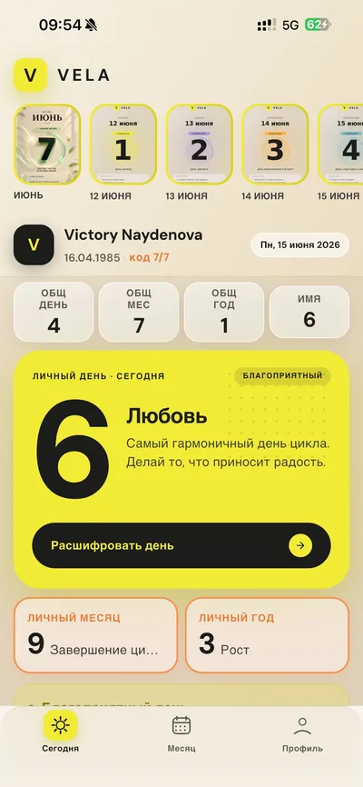 Экран «Сегодня» в планировщике Vela
