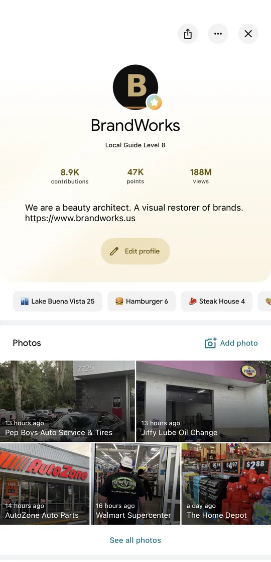 BrandWorksApp Local Guide Level 8 profile on Google Maps: 8.9K contributions, 47K points, 188M views