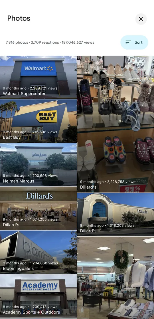Most viewed photos: Walmart Supercenter 2.2M views, Dillard's 2.2M, Best Buy 1.7M, Neiman Marcus 1.7M