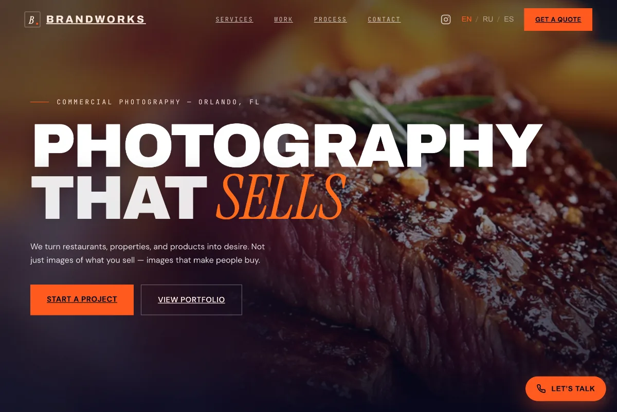 Photography That Sells website by BrandWorksApp — commercial photography studio in Orlando, dark editorial hero
