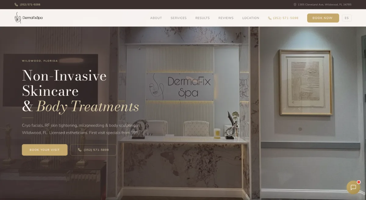 DermaFix Spa website by BrandWorksApp — non-invasive skincare med-spa in Wildwood, Florida, luxury interior hero