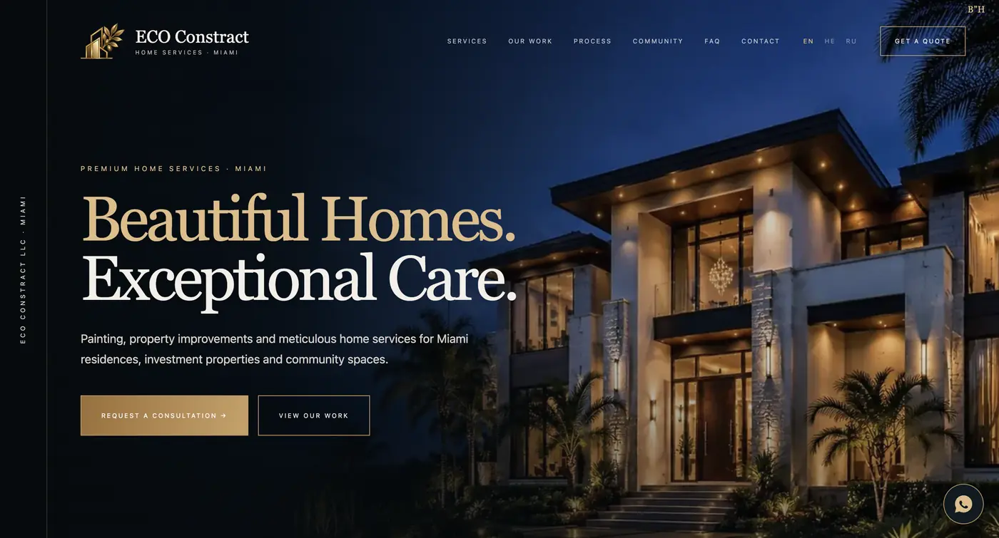 ECO Constract website by BrandWorksApp — premium home services in Miami, dark gold hero with luxury home