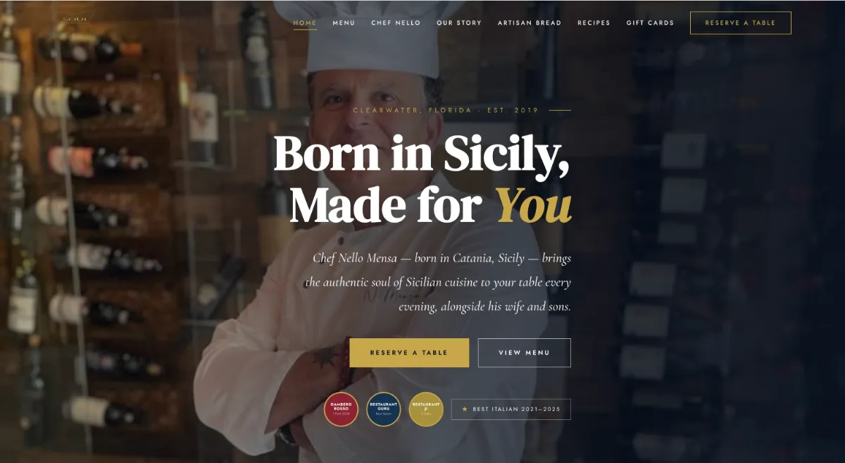 Fusion Sicily restaurant website by BrandWorksApp — Sicilian chef Nello Mensa, Clearwater Florida, dark gold hero
