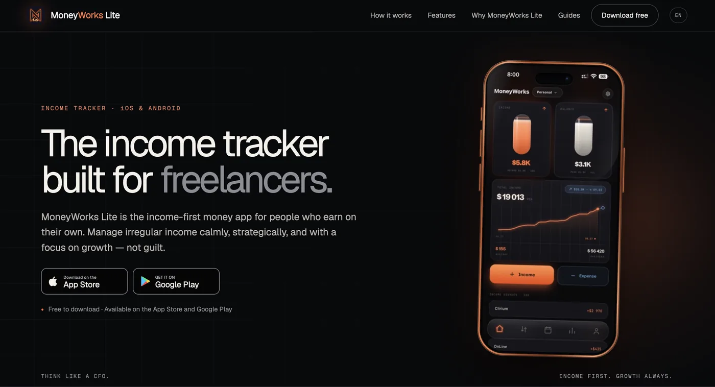 MoneyWorks Lite landing page by BrandWorksApp — income tracker app for freelancers, dark hero with phone mockup