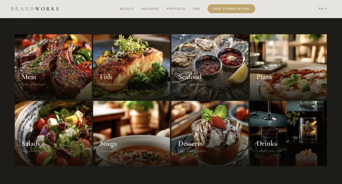 BrandWorksApp restaurants landing page — visual content marketing for Central Florida restaurants with 40M+ views, dark gold editorial hero